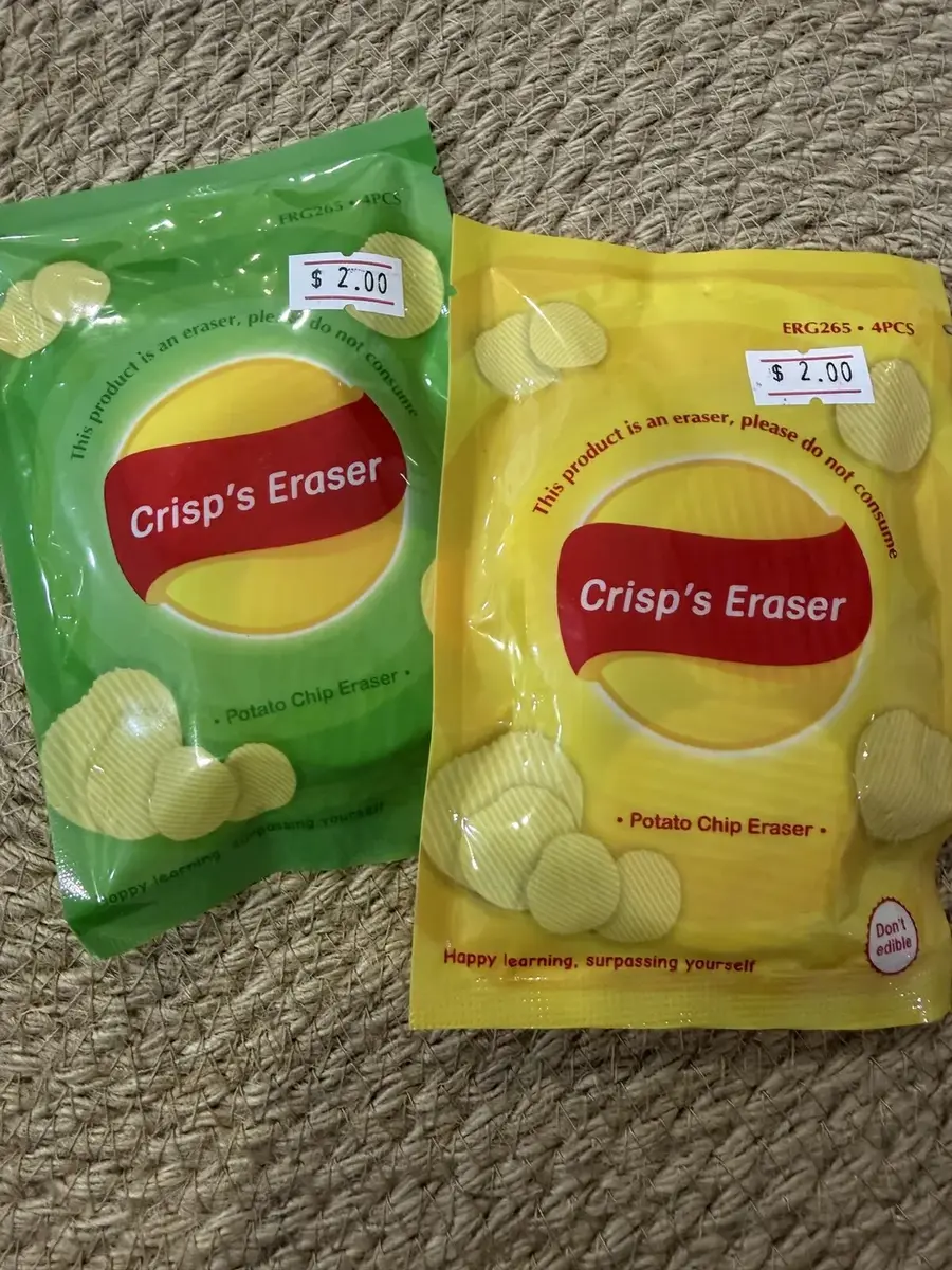 Potato-chip erasers in green and yellow packs.